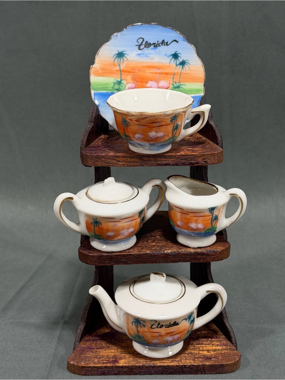 Mini Porcelain Tea Set Florida Flamingos Sunset Japan Trinkets Display  Shelf